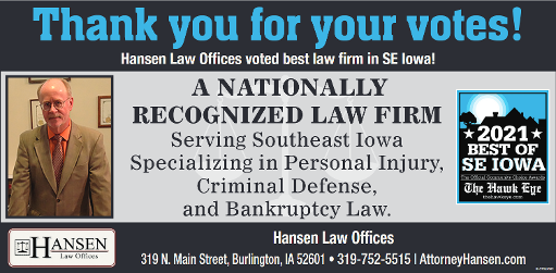 Winner 2021 Best of SE Iowa Best Law Firm Hansen Law Offices
